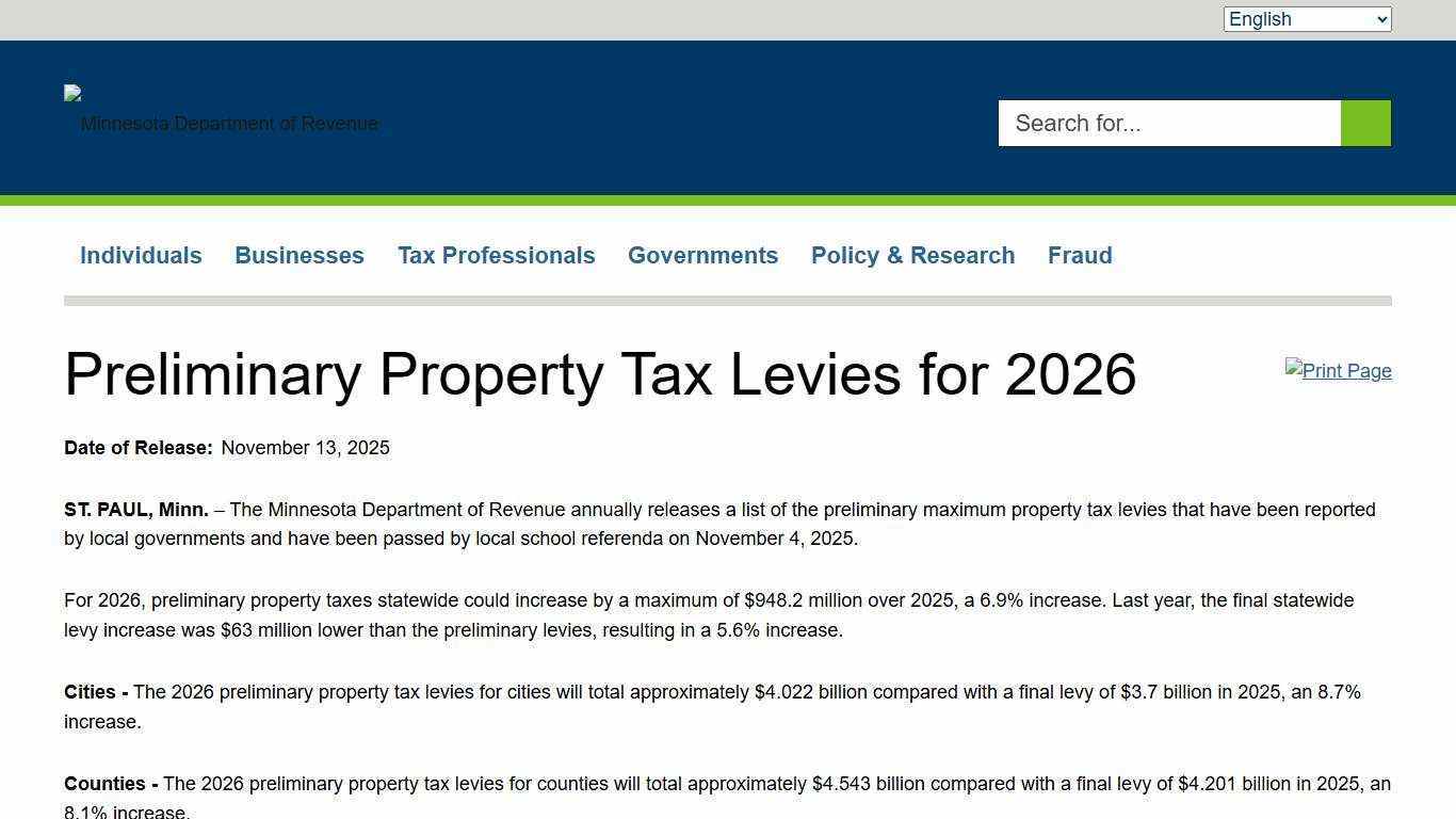 Preliminary Property Tax Levies for 2026 | Minnesota Department of Revenue