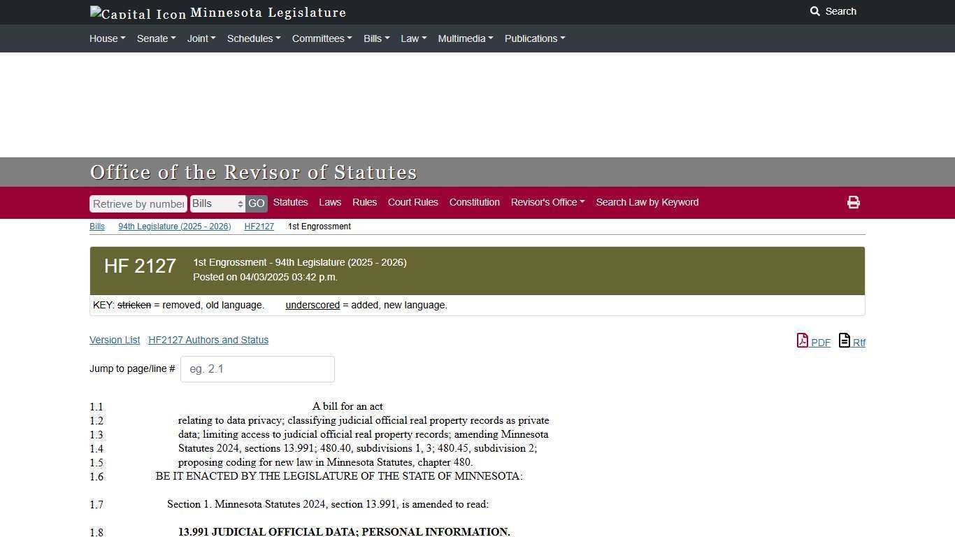 HF 2127 1st Engrossment - 94th Legislature (2025 - 2026)